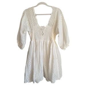 Free People Lottie Mini Dress Smocked Eyelet Embroidered White Women's XS Boho